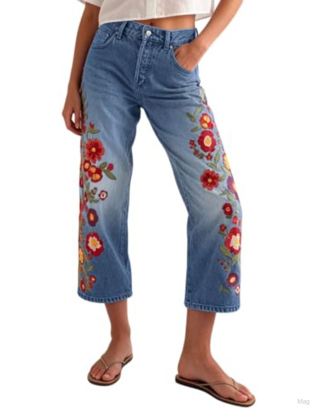 Baggy Y2K Floral Embroidered Wide Leg Crop Denim Jeans Mid Rise